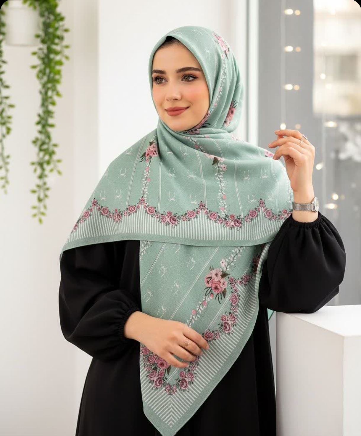 روسری سوپر نخ طرح گل و پاپیون ریز سایز ۱۴۰