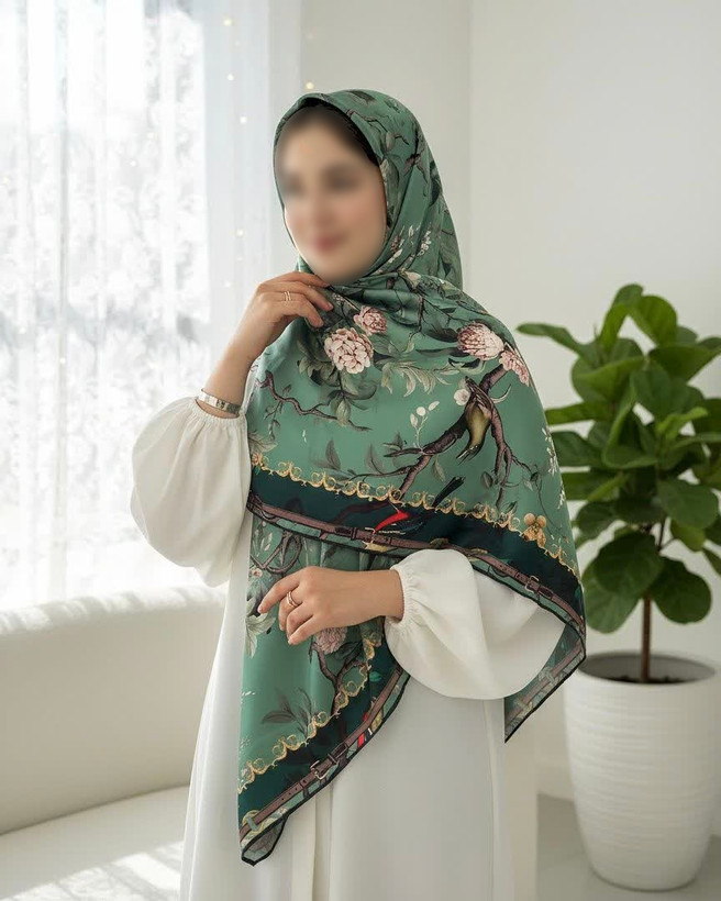 روسری حریرنخ دست دوز طرح شاخه و پرنده سایز ۱۴۰