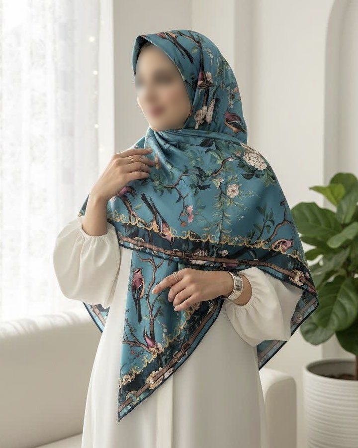 روسری حریرنخ دست دوز طرح شاخه و پرنده سایز ۱۴۰