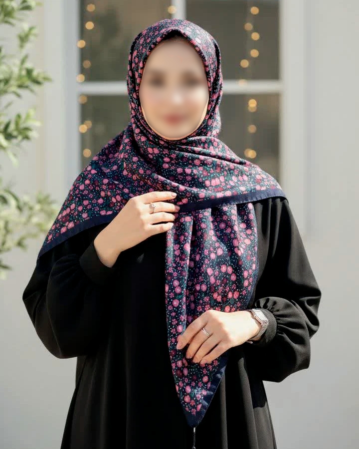 روسری نخی طرح گل تک رنگ سورمه ای سایز ۱۲۰